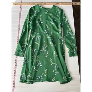 LOFT Green Botanical Floral Fit & Flare Dress Long Sleeve Crew Neck Size 2